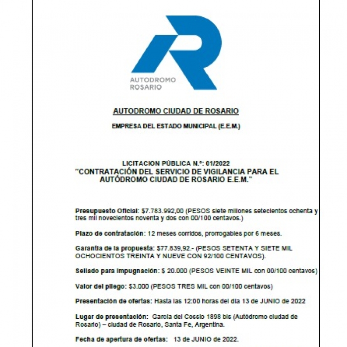 Licitación para la contratación de un servicio de seguridad y vigilancia física para EEM Autódromo C